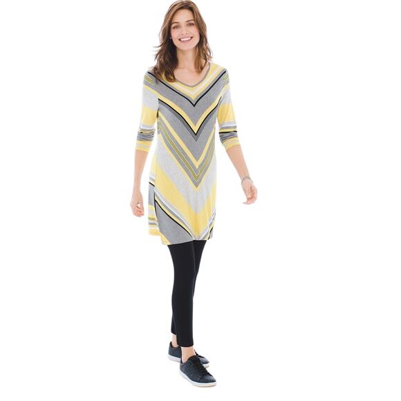 Chico's Zenergy Mini Dress 2 L Chevron Stripe 3/4 Sleeve V-Neck Knit Yellow Gray - Picture 1 of 8